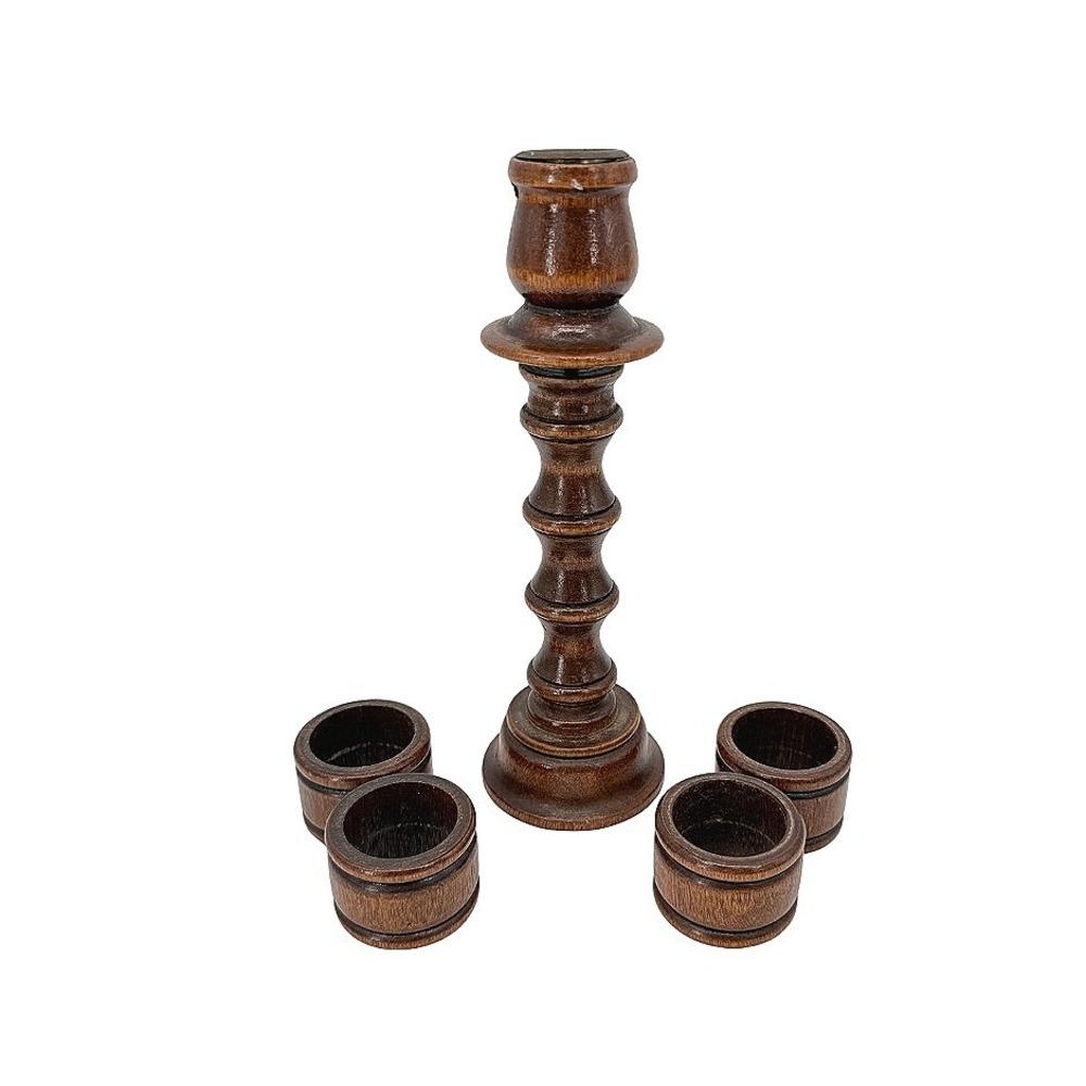 Carved Wood Candlestick Removable Napkin Ring Set Vintage‎ MCM Table Decor Brown
